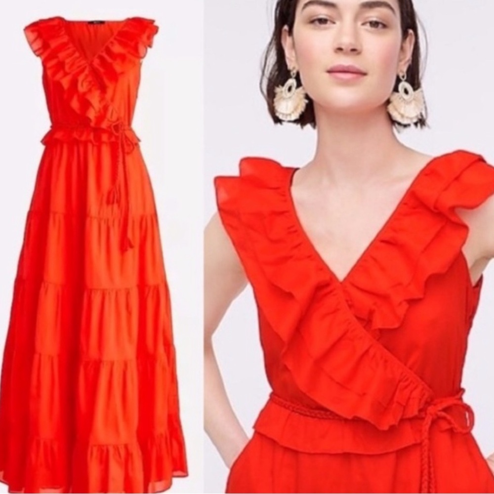 J Crew Nina Coral Red Nina Tiered Belted Ruffled Cotton Long Dress Size 0
